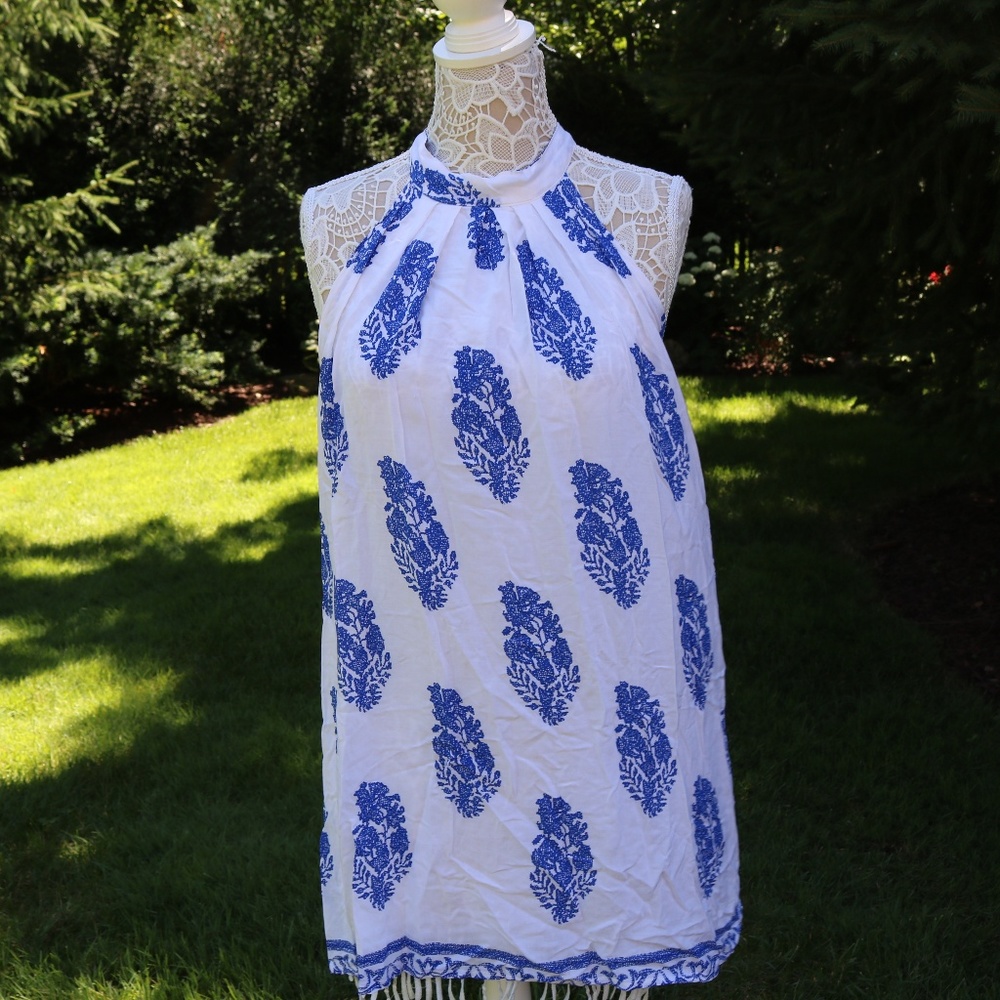Blue & White Bohemian Halter Dress
